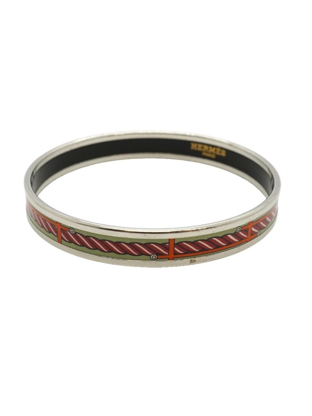 Hermes Bangle Enamel PM Metal Cloisonne Silver Green Multicolor Bracelet